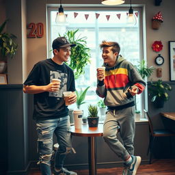 Two boys, both 20 years old, standing in a lively café