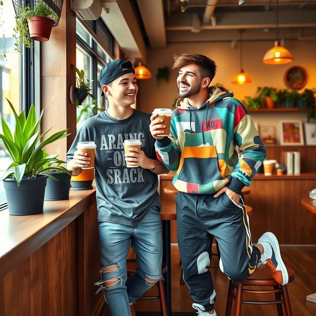 Two boys, both 20 years old, standing in a lively café