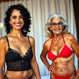 A tall, middle-aged Arab woman with stunning black curly hair and striking green eyes, wearing elegant black lingerie and adorned with earrings, smiles warmly at the camera
