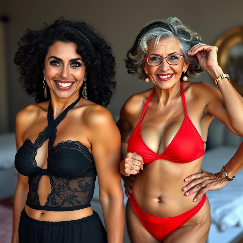 A tall, middle-aged Arab woman with stunning black curly hair and striking green eyes, wearing elegant black lingerie and adorned with earrings, smiles warmly at the camera