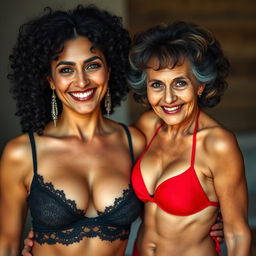 A tall, middle-aged Arab woman with stunning black curly hair and striking green eyes, wearing elegant black lingerie and adorned with earrings, smiles warmly at the camera