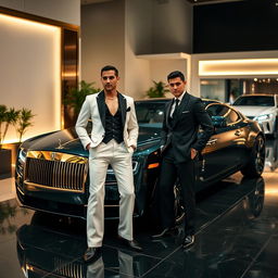 A striking landscape format image featuring a luxury car parked in an upscale setting