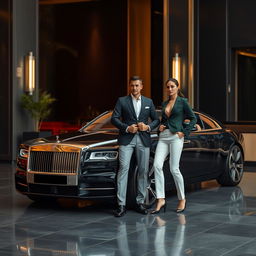A striking landscape format image featuring a luxury car parked in an upscale setting