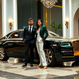 A striking landscape format image featuring a luxury car parked in an upscale setting