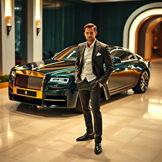 A striking landscape format image featuring a luxury car parked in an upscale setting