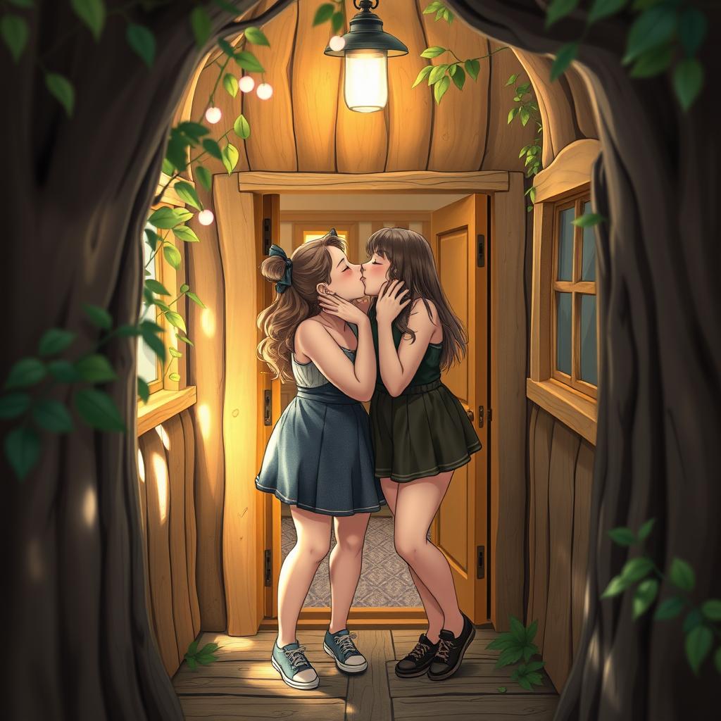 Two girls share an intimate moment in the corridor of a whimsical treehouse, exchanging playful kisses while eager to enter their cozy room