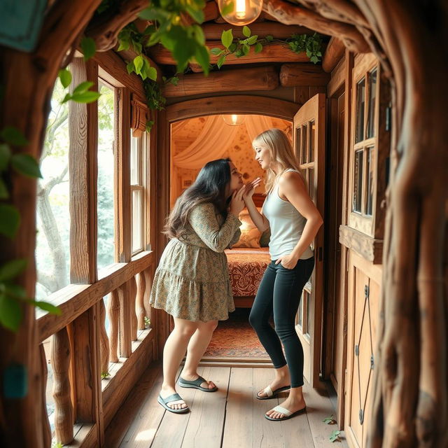 Two girls share an intimate moment in the corridor of a whimsical treehouse, exchanging playful kisses while eager to enter their cozy room