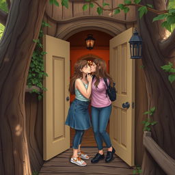 Two girls share an intimate moment in the corridor of a whimsical treehouse, exchanging playful kisses while eager to enter their cozy room