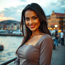 A beautiful 40-year-old woman with long dark hair and a warm tan, showcasing expressive almond-shaped eyes and full lips that exude charm and charisma