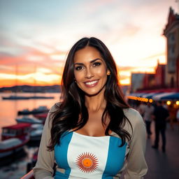 A beautiful 40-year-old woman with long dark hair and a warm tan, showcasing expressive almond-shaped eyes and full lips that exude charm and charisma