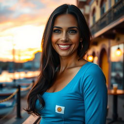 A beautiful 40-year-old woman with long dark hair and a warm tan, showcasing expressive almond-shaped eyes and full lips that exude charm and charisma