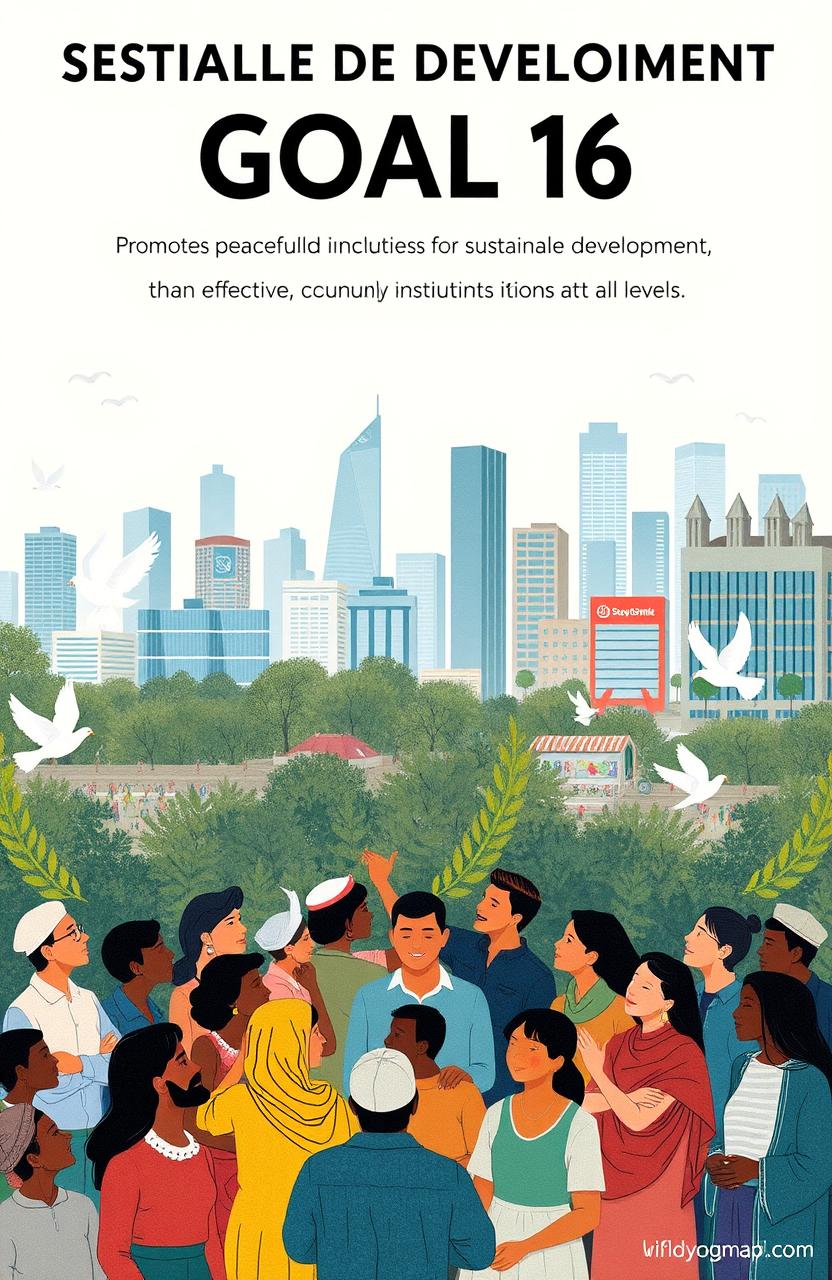 An artistic representation of Sustainable Development Goal 16, which focuses on promoting peaceful and inclusive societies for sustainable development, providing access to justice for all, and building effective, accountable institutions at all levels