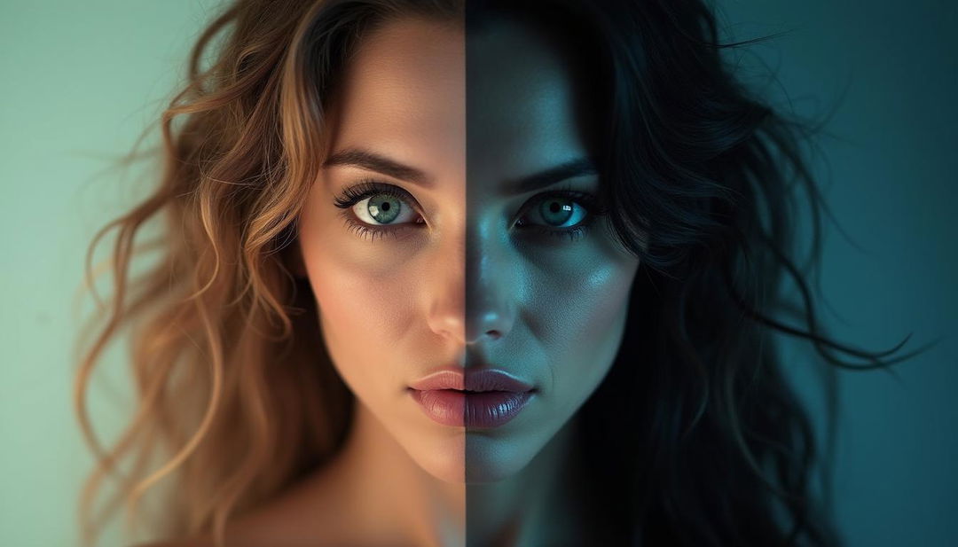 A split image featuring two contrasting women's faces side by side