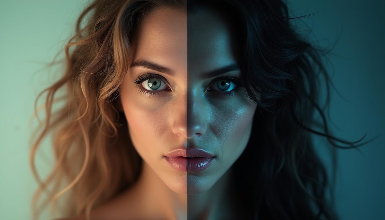 A split image featuring two contrasting women's faces side by side