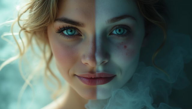 A captivating split image showcasing two women's faces side by side