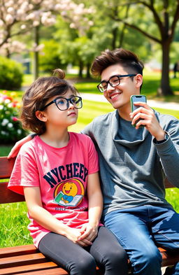A cute nerd girl with oversized glasses, messy hair, and a vibrant graphic t-shirt, sitting on a park bench