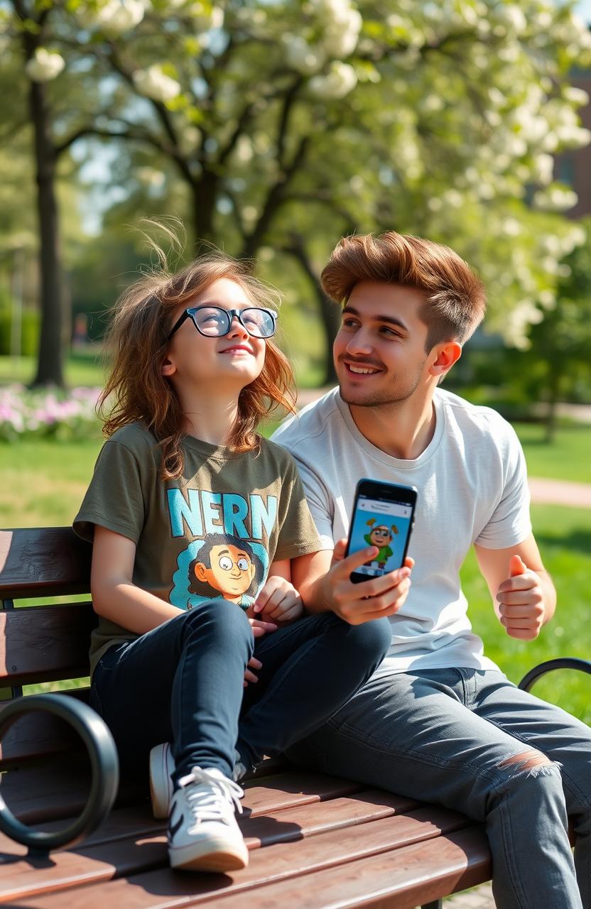 A cute nerd girl with oversized glasses, messy hair, and a vibrant graphic t-shirt, sitting on a park bench