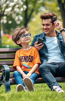 A cute nerd girl with oversized glasses, messy hair, and a vibrant graphic t-shirt, sitting on a park bench