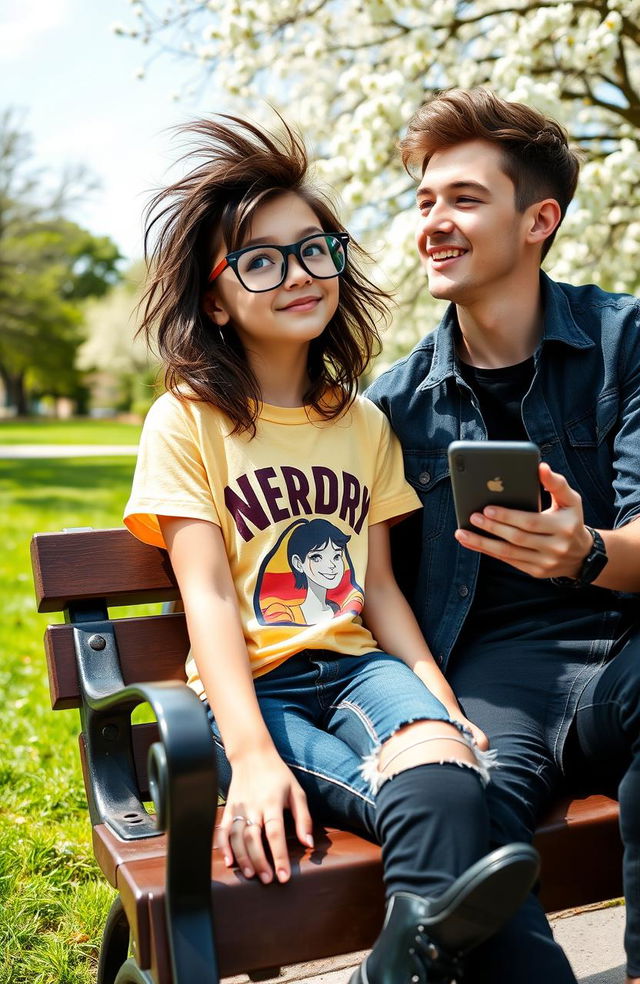 A cute nerd girl with oversized glasses, messy hair, and a vibrant graphic t-shirt, sitting on a park bench