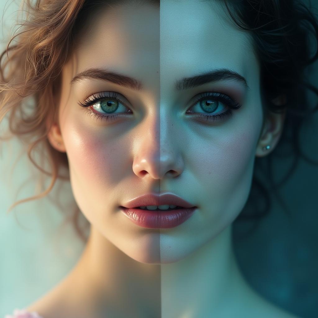 A captivating split image of a woman's face featuring two distinct expressions