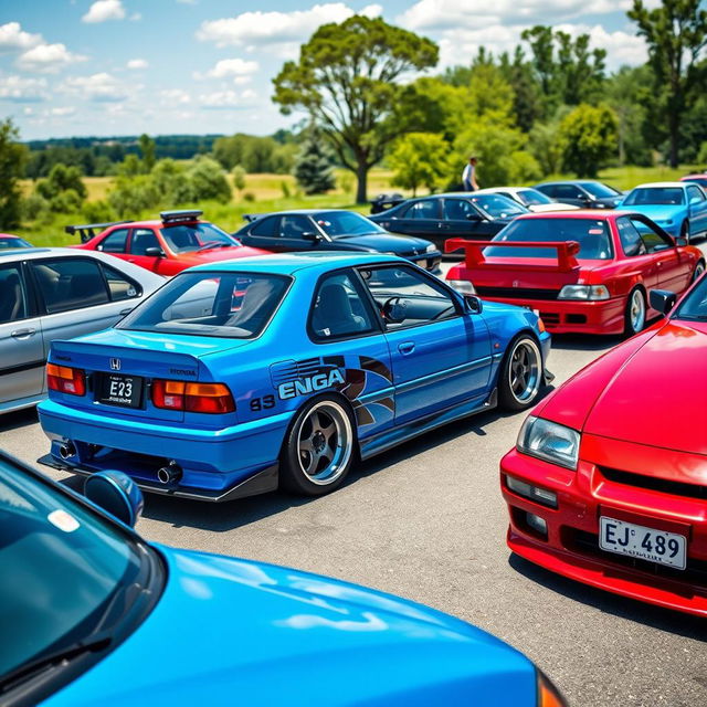 A vibrant gathering of several iconic Honda cars including the EK3, EG, and EJ series, showcased in a dynamic outdoor setting