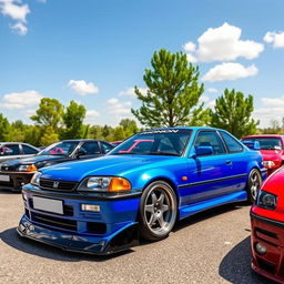 A vibrant gathering of several iconic Honda cars including the EK3, EG, and EJ series, showcased in a dynamic outdoor setting