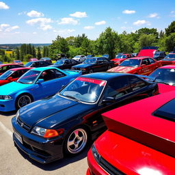 A vibrant gathering of several iconic Honda cars including the EK3, EG, and EJ series, showcased in a dynamic outdoor setting