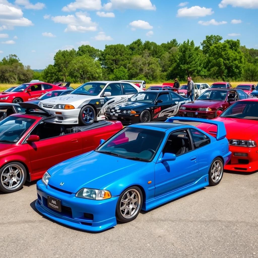 A vibrant gathering of several iconic Honda cars including the EK3, EG, and EJ series, showcased in a dynamic outdoor setting