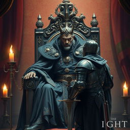 A fierce and ruthless king seated on a grand, ornate throne, adorned in a dark, intricately designed robe with golden accents