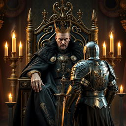 A fierce and ruthless king seated on a grand, ornate throne, adorned in a dark, intricately designed robe with golden accents