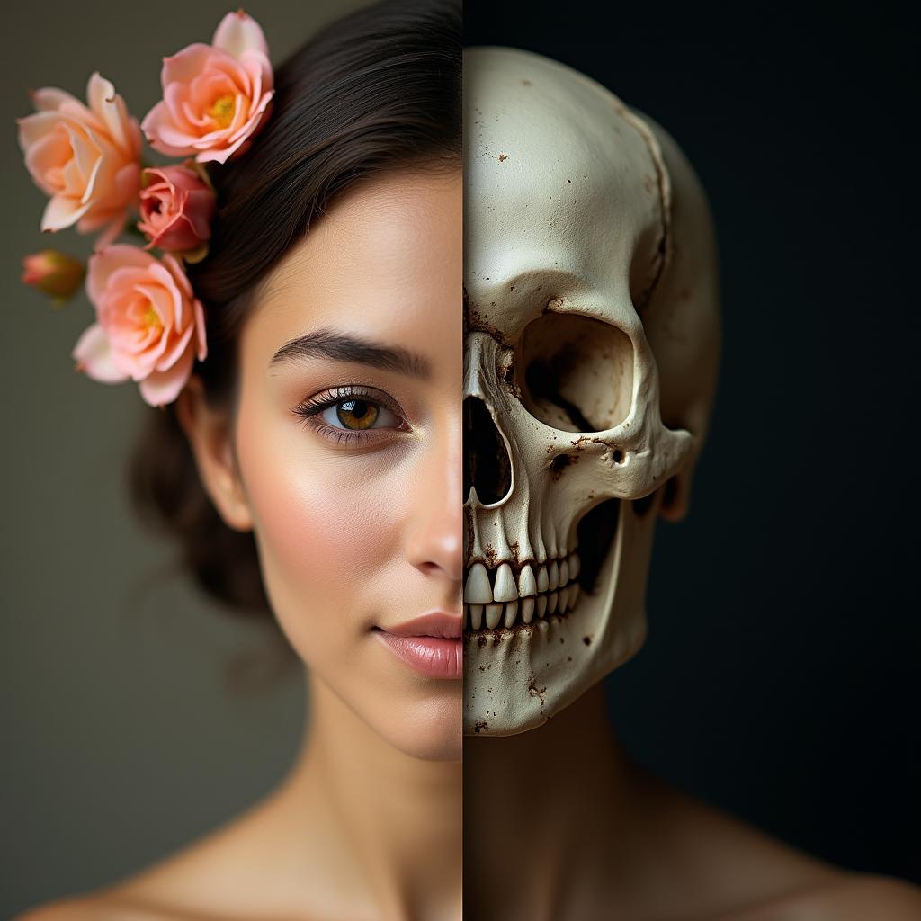 A striking split image of a woman's face juxtaposed with a skull