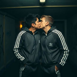 Two neighborhood bullies, dressed in matching adidas tracksuits, share a secret kiss with passion in a dimly lit basement