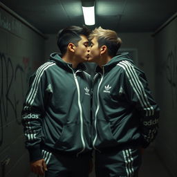 Two neighborhood bullies, dressed in matching adidas tracksuits, share a secret kiss with passion in a dimly lit basement