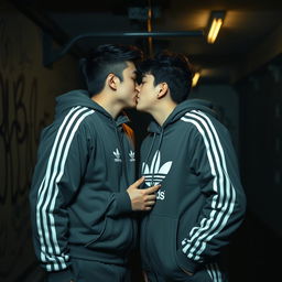Two neighborhood bullies, dressed in matching adidas tracksuits, share a secret kiss with passion in a dimly lit basement