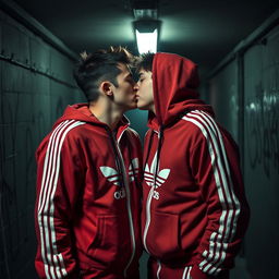 Two neighborhood bullies, dressed in matching adidas tracksuits, share a secret kiss with passion in a dimly lit basement