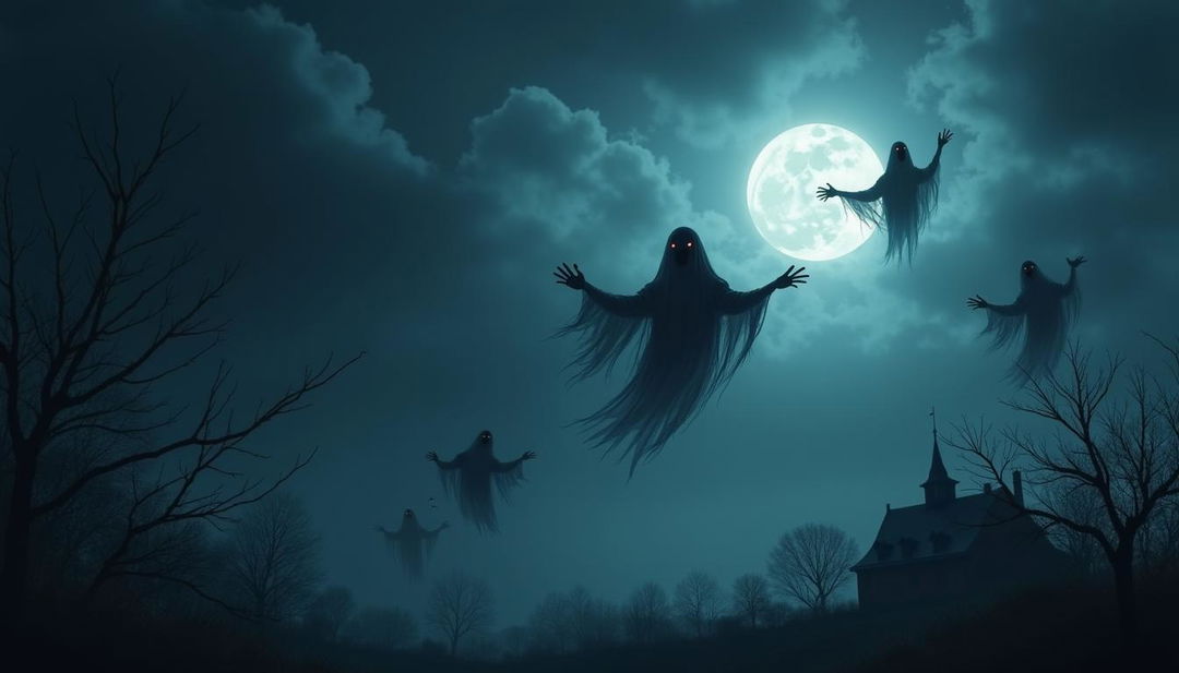 A haunting scene of scary, ethereal ghosts flying through a dark, moonlit night sky