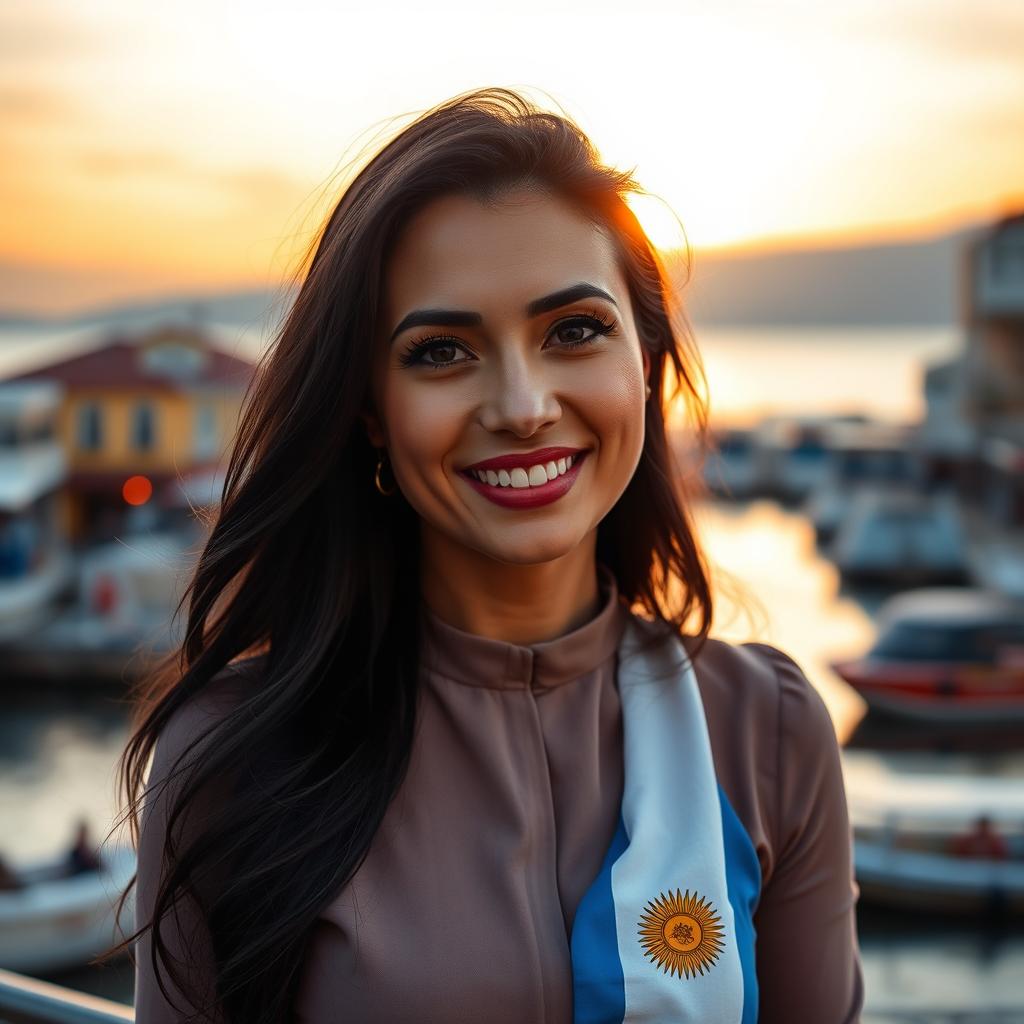 A captivating 40-year-old woman with long dark hair and a warm tan, featuring expressive almond-shaped eyes and natural full lips that embody charm and charisma