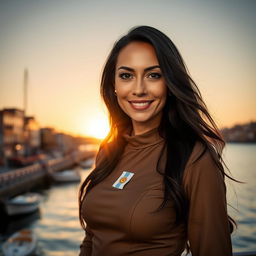 A captivating 40-year-old woman with long dark hair and a warm tan, featuring expressive almond-shaped eyes and natural full lips that embody charm and charisma
