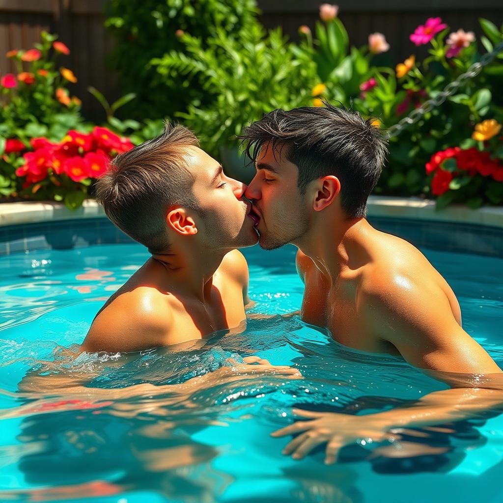 In a secluded garden pool, two neighborhood bullies engage in a passionate kiss with tongues, their bodies partially submerged in the sparkling water