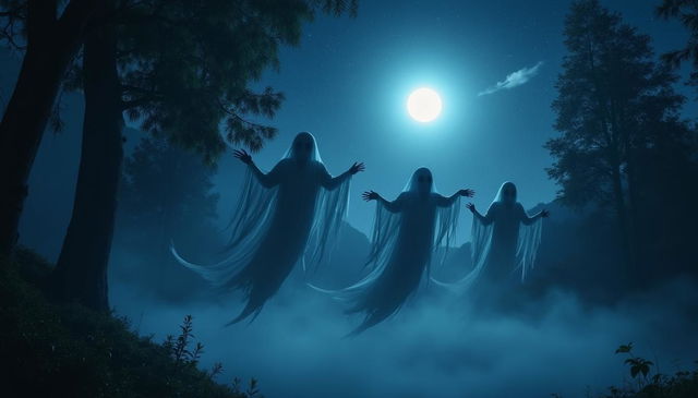 An eerie night scene depicting Indonesian ghosts soaring through a dark, moonlit sky