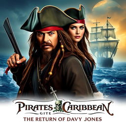 An adventurous movie poster for a fictional film titled 'Pirates of the Caribbean 6: The Return of Davy Jones