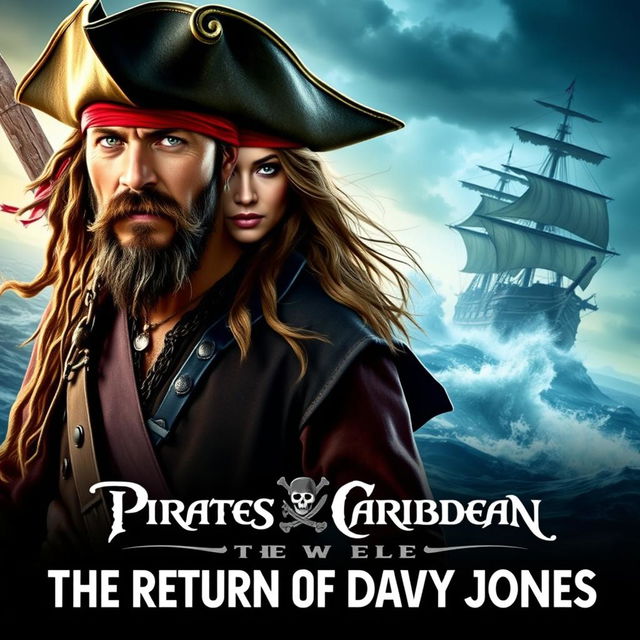 An adventurous movie poster for a fictional film titled 'Pirates of the Caribbean 6: The Return of Davy Jones