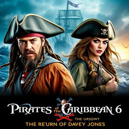 An adventurous movie poster for a fictional film titled 'Pirates of the Caribbean 6: The Return of Davy Jones