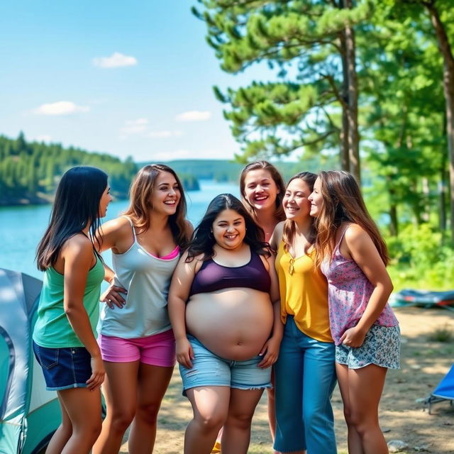 In a serene campsite by a beautiful lake, four cheerful young women gather around their chubby friend, admiring her playful confidence