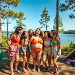 In a serene campsite by a beautiful lake, four cheerful young women gather around their chubby friend, admiring her playful confidence