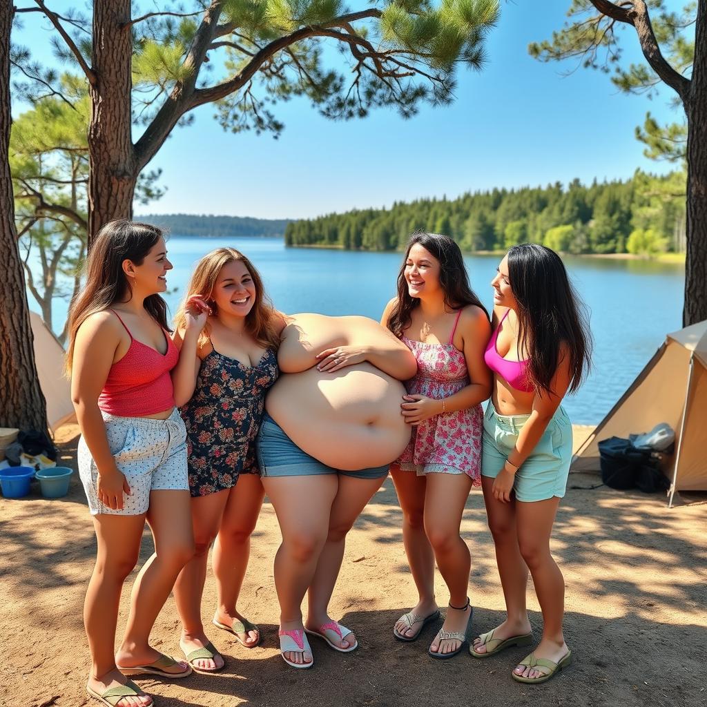 In a serene campsite by a beautiful lake, four cheerful young women gather around their chubby friend, admiring her playful confidence