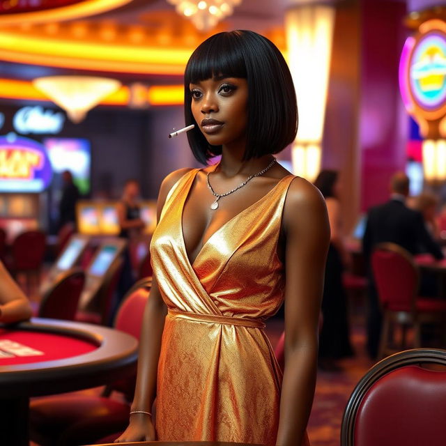 A stylish black girl with short straight hair stands confidently at a gaming table, dressed in a flowing long golden dress with a v-neckline that shimmers under the lights