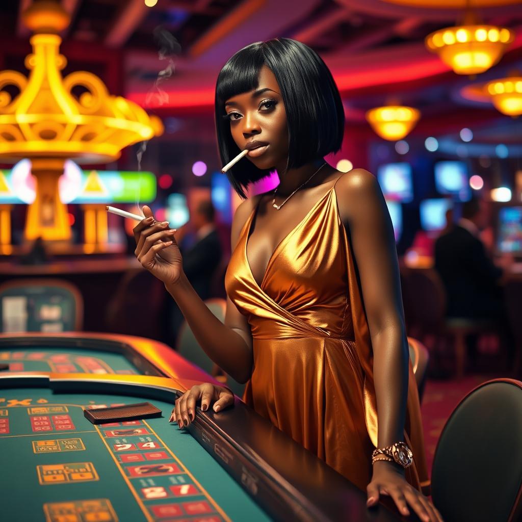 A stylish black girl with short straight hair stands confidently at a gaming table, dressed in a flowing long golden dress with a v-neckline that shimmers under the lights