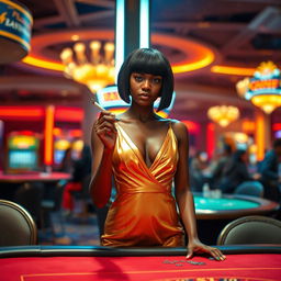 A stylish black girl with short straight hair stands confidently at a gaming table, dressed in a flowing long golden dress with a v-neckline that shimmers under the lights