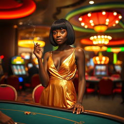 A stylish black girl with short straight hair stands confidently at a gaming table, dressed in a flowing long golden dress with a v-neckline that shimmers under the lights